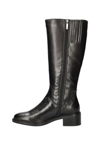 Zwarte leren kniehoog boots met een zijkleur en gestructureerde verticale accenten. Blokhak en een gladde textuur.
