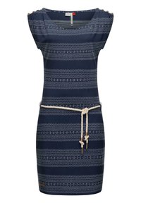 Navy striped dress with short sleeves, featuring a rope belt and decorative buttons on the shoulders. Made of soft, textured fabric.