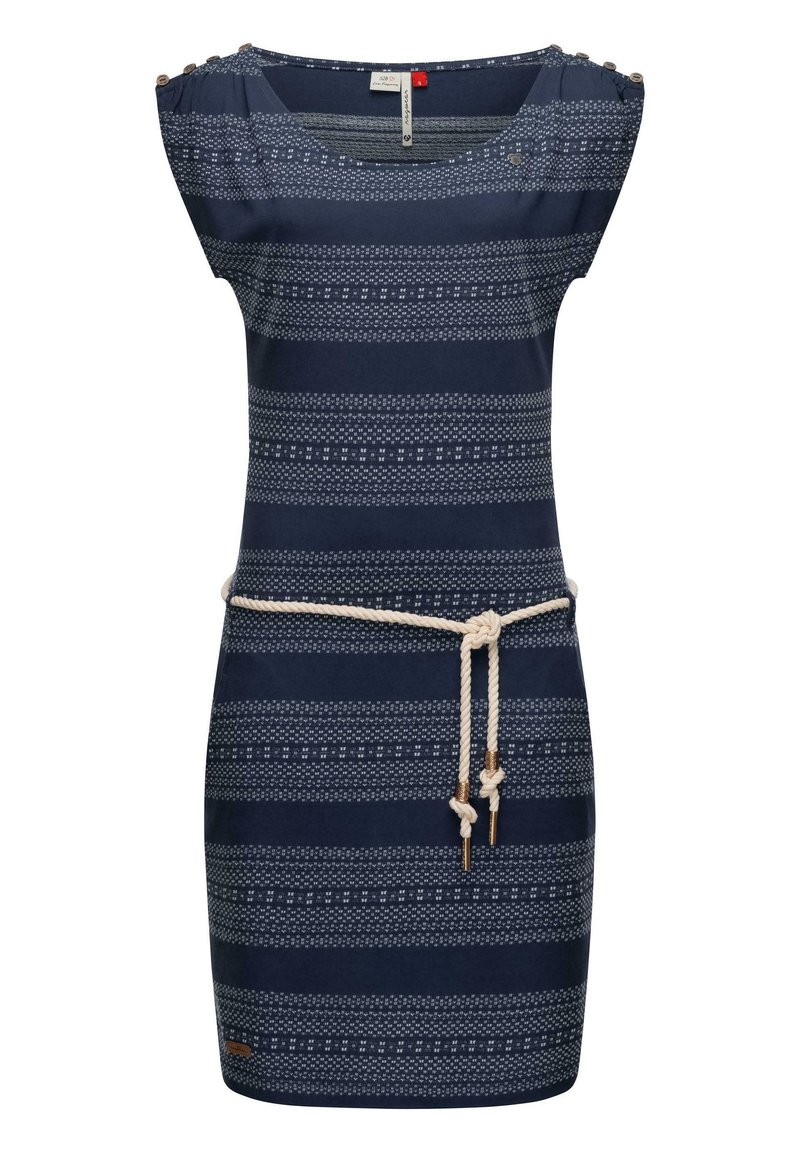 Navy striped dress with short sleeves, featuring a rope belt and decorative buttons on the shoulders. Made of soft, textured fabric.
