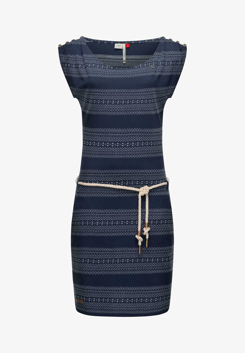 Navy striped dress with short sleeves, featuring a rope belt and decorative buttons on the shoulders. Made of soft, textured fabric.