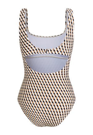 Eendelig badpak met een geometrisch patroon in beige, zwart en wit; heeft een ronde halslijn en een ontwerp met uitsnijding aan de achterkant.