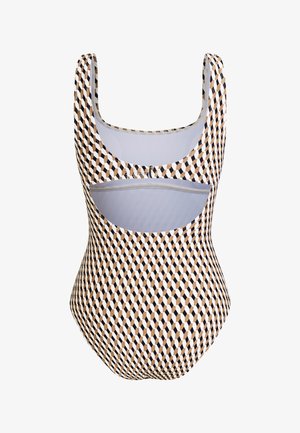 Eendelig badpak met een geometrisch patroon in beige, zwart en wit; heeft een ronde halslijn en een ontwerp met uitsnijding aan de achterkant.