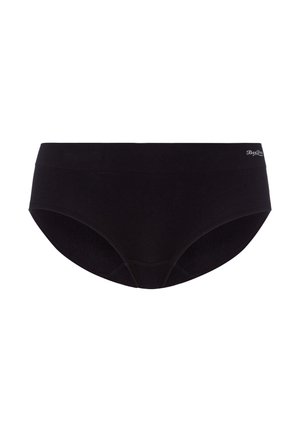 Black hipster underwear made of soft fabric with a smooth, seamless design. Features a discreet logo on the waistband.