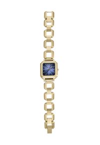 Orologio dorato con quadrante quadrato, quadrante blu e bracciale a maglie geometriche. Presenta indicatori delle ore minimalisti e una finitura lucida.