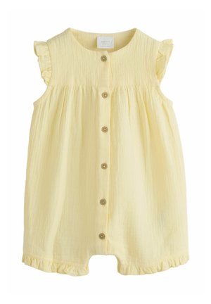 Gelber ärmelloser Babystrampler mit Knöpfen vorne, gerafften Ärmeln und gerafften Beinöffnungen aus leichtem, strukturiertem Stoff.