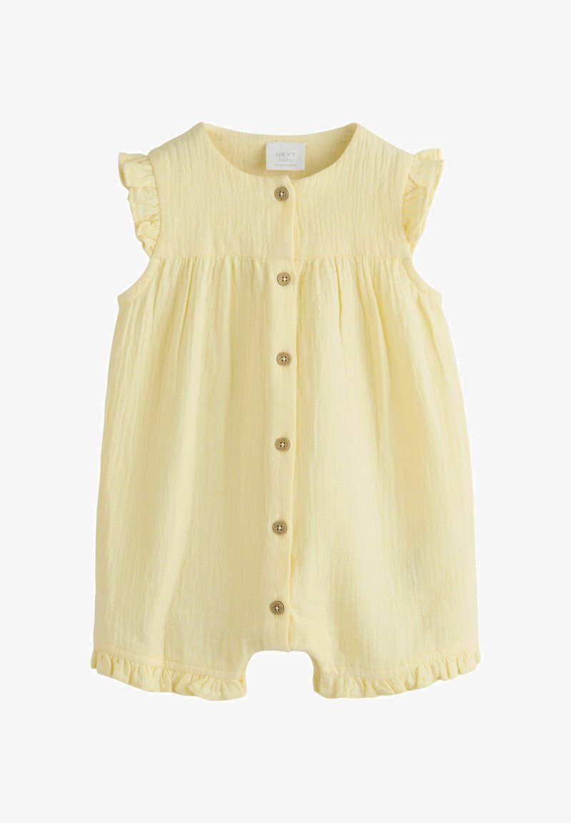 Grenouillère sans manches jaune pour bébé avec boutons à l'avant, manches à volants et ouvertures de jambes à volants, en tissu léger texturé.