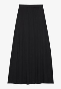 Zwarte maxi rok van zachte, lichtgewicht stof. Heeft een elastische tailleband en een volle, vloeiende silhouet zonder zichtbare patronen of accenten.