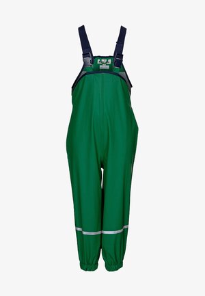 Green waterproof overalls with adjustable navy shoulder straps, elastic cuffs, and reflective stripes for visibility; smooth texture.