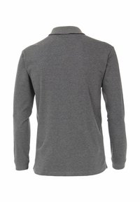Langärmliges Poloshirt in Dunkelgrau, mit Kragen und einem strukturierten, glatten Stoff, geradem Saum und seitlichen Schlitzen. Rückansicht angezeigt.