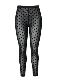 Leggings neri realizzati in materiale trasparente con un motivo a cuori piccoli su tutta la superficie. Presentano un elastico in vita per maggiore comfort e aderenza.