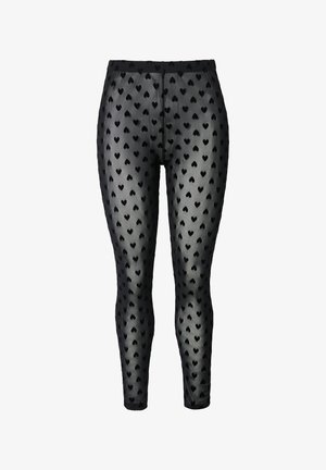 Zwarte leggings van doorzichtig materiaal met een overal klein hartjespatroon. Voorzien van een elastische tailleband voor comfort en pasvorm.