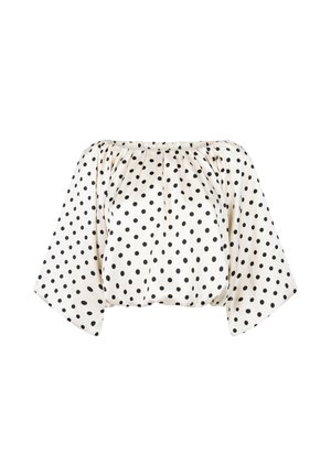 Weiße Schulterfreie Bluse mit schwarzen Polka-Dots, gerafftem elastischem Ausschnitt und weiten dreiviertellangen Ärmeln.
