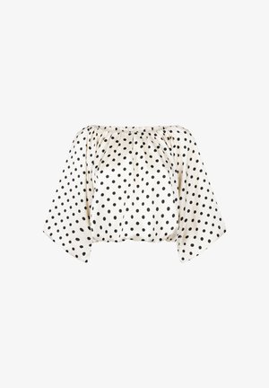 Weiße Schulterfreie Bluse mit schwarzen Polka-Dots, gerafftem elastischem Ausschnitt und weiten dreiviertellangen Ärmeln.