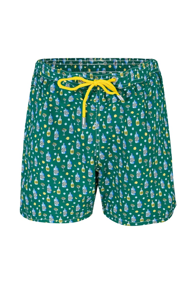 Bañador verde con un patrón repetido de botellas azules, rodajas de limón y copas de cócteles. Cuenta con un cordón amarillo en la cintura.