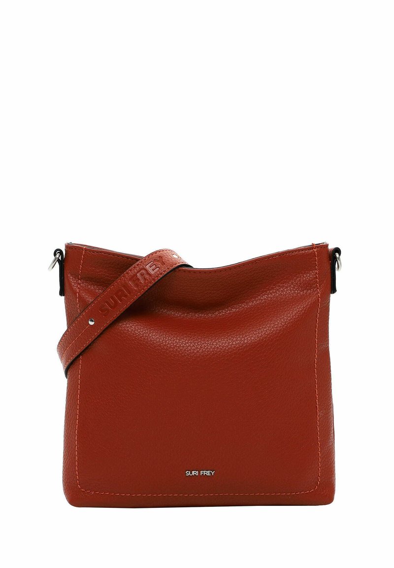 Red leather crossbody bag with a textured finish, featuring a soft top edge, a logo-embossed strap, and a minimalist design.