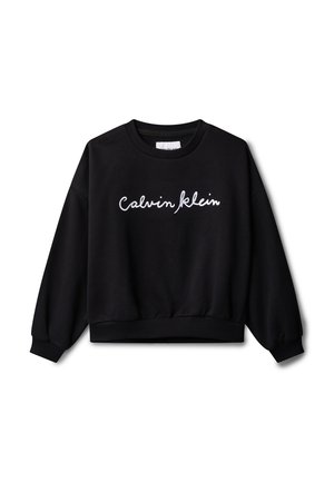 Sudadera negra de manga larga con puños y dobladillo acanalados, con "Calvin Klein" bordado en cursiva blanca en el pecho.