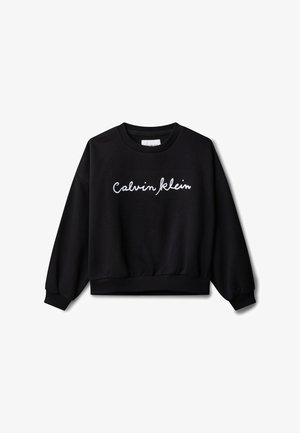 Czarna bluza z długim rękawem, z prążkowanymi mankietami i dołem, z haftowanym białym napisem "Calvin Klein" na piersi.