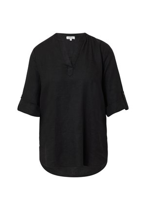 Melna linu blūze ar V veida kakla izgriezumu, sarullētām īsām piedurknēm un apaļu apakšmalu. Iezīmējas ar smalku tekstūru un minimālistisku dizainu.