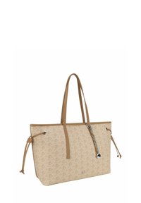 Borsa tote beige con corpo in tessuto decorato, sottili manici in pelle e chiusure a cordoncino. Presenta dettagli in argento e un logo sulla parte anteriore.