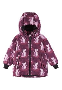 Lila Daunenjacke mit Kapuze, die ein verspieltes pinkes Charaktermuster aufweist. Sie hat einen Frontreißverschluss, elastische Bündchen und Seitentaschen.
