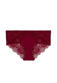 Culotte en dentelle bordeaux pour femmes avec des motifs floraux et des bords festonnés, dotée d'un panneau avant en tissu uni et d'un petit nœud à l'avant.