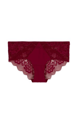 Culotte en dentelle bordeaux pour femmes avec des motifs floraux et des bords festonnés, dotée d'un panneau avant en tissu uni et d'un petit nœud à l'avant.