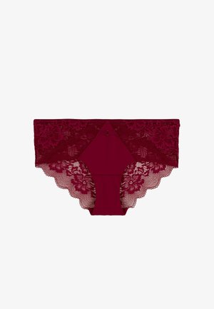 Culotte en dentelle bordeaux pour femmes avec des motifs floraux et des bords festonnés, dotée d'un panneau avant en tissu uni et d'un petit nœud à l'avant.