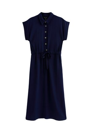 Ein marineblaues Hemdkleid mit Kragen, kurzen Ärmeln, durchgehender Knopfleiste und Taillenschnürung. Hergestellt aus einem glatten, leichten Stoff.