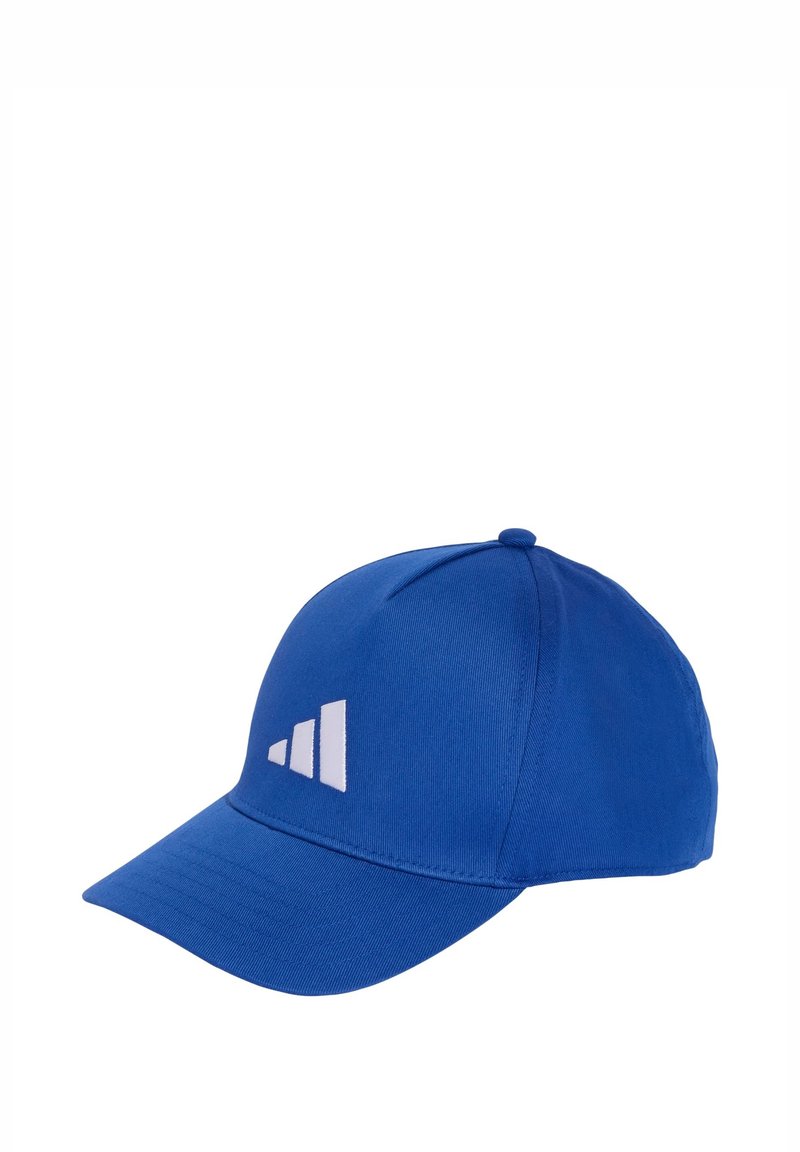Gorra de béisbol azul con visera curva, hecha de tela suave, que presenta un diseño de logo blanco en la parte frontal y una corona redondeada.