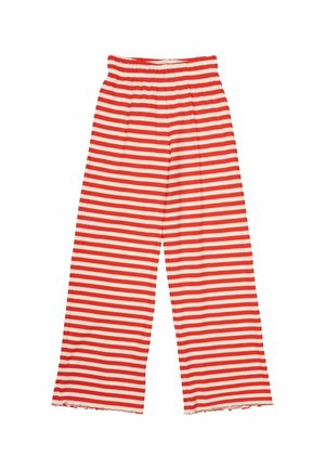 Rood-witte gestreepte broek met wijde pijpen, een elastische tailleband en een rafelige zoom. Gemaakt van ribstof, met horizontale lijnen.