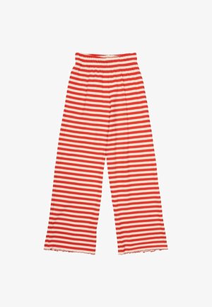 Red and white striped wide-leg pants with an elastic waistband and frayed hem. Made from ribbed fabric, featuring horizontal lines.