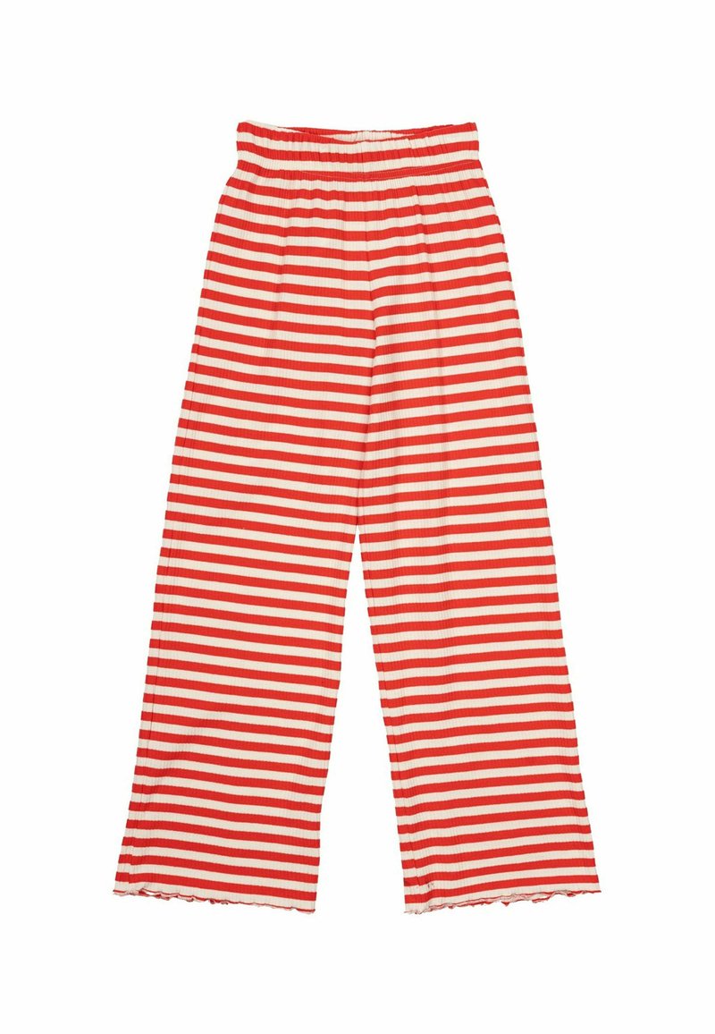 Rood-witte gestreepte broek met wijde pijpen, een elastische tailleband en een rafelige zoom. Gemaakt van ribstof, met horizontale lijnen.