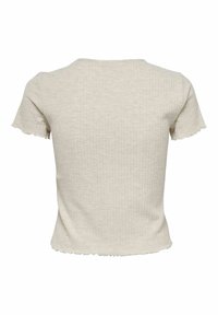 Lys beige ribbet t-skjorte med korte ermer. Har en rund hals og en bølget kant, som gir en tettsittende silhuett.
