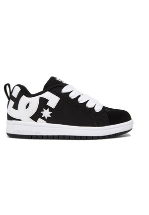 Zapatillas bajas en blanco y negro con una suela de goma resistente, que cuentan con un collar acolchado, cordones redondos y un destacado logotipo en el lateral.