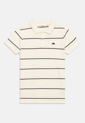 Εκρού κοντομάνικο πόλο με λεπτές οριζόντιες μαύρες ρίγες και ανοίγμα με δύο κουμπιά, με μικρό μαύρο λογότυπο στο αριστερό στήθος.