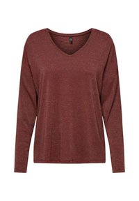 Top burdeos de manga larga y escote en V, confeccionado en tejido texturizado con un brillo sutil, que presenta un corte relajado y costuras de hombro caídas.