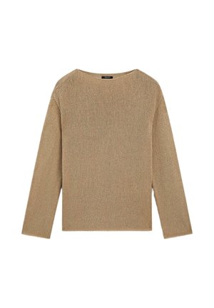 Beige gebreide trui met lange mouwen, ronde hals, losse pasvorm en een gestructureerd stikselpatroon, plat gelegd op een witte achtergrond.