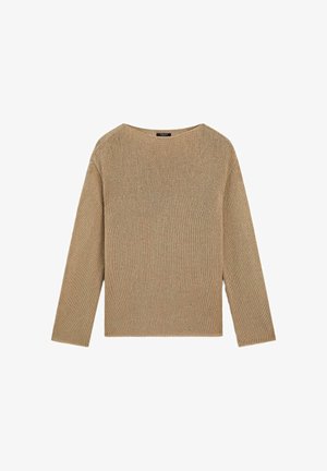 Beżowy, dzianinowy sweter z długim rękawem, z okrągłym dekoltem, o luźnym kroju i teksturowanym wzorze ściegu, ułożony na płasko na białym tle.