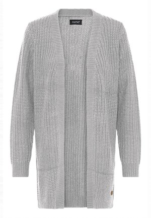 Cardigan aperto lavorato a maglia grigio chiaro con maniche lunghe, polsini a coste, due tasche anteriori e motivo testurizzato.