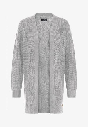 Gaiši pelēks atvērts priekšā adīts kardigāns ar garām piedurknēm, ribotiem aprocēm, divām priekšējām kabatām un strukturētu rakstu.