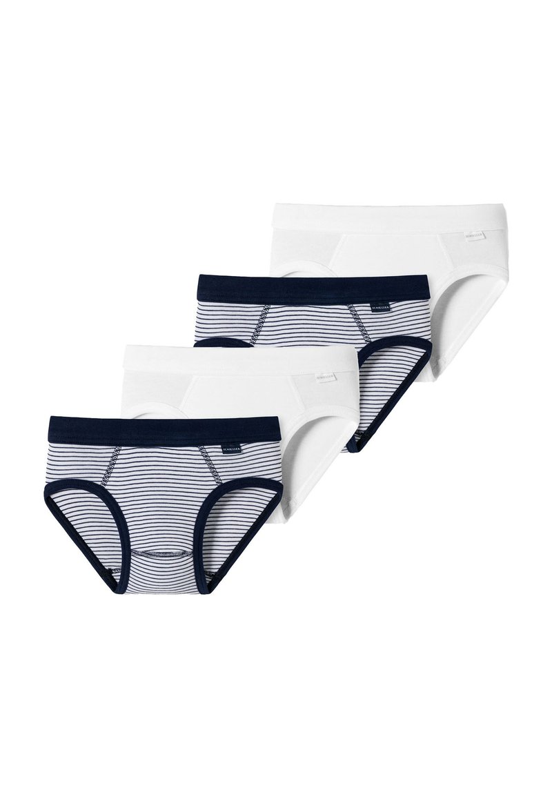 Quattro paia di mutande: due bianche unite e due a righe blu navy e bianche. Presentano elastici in vita e una consistenza morbida in cotone.