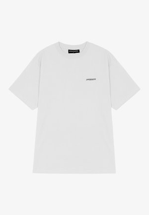 White cotton t-shirt with a round neckline and short sleeves. Features a small black logo on the left chest area. Simple and unembellished design.