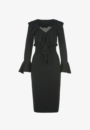 Vestido de punto negro con mangas largas, escote con volantes, cintura ajustada y puños acampanados. Textura suave con una silueta de longitud media.