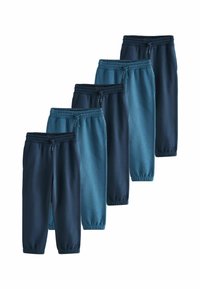 Fünf Paare Jogginghosen in verschiedenen Blautönen. Jede Hose hat einen elastischen Bund, einen Kordelzug und elastische Bündchen an den Knöcheln.