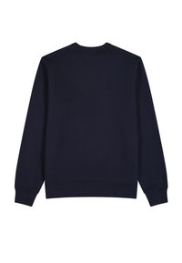 Sudadera azul marino con mangas largas, cuello redondo y puños y dobladillo acanalados. Fabricada con una suave mezcla de algodón con una textura lisa.