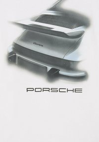 Vista posteriore di una Porsche Carrera grigia con un pronunciato spoiler, linee eleganti e dettagliate prese d'aria per il raffreddamento del motore, su sfondo bianco.