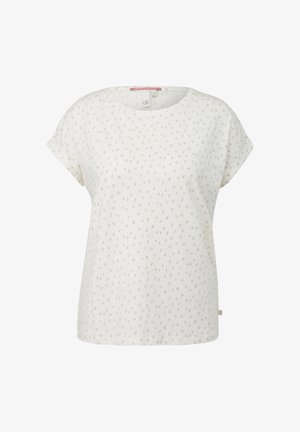 Weiße Bluse mit kurzen Ärmeln, kleinem, verstreutem Blumenmuster, rundem Ausschnitt und lockerer Passform.