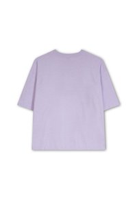 Lavender crew neck t-shirt, short sleeves, relaxed fit, soft cotton material, no visible graphics or patterns, clean hemmed edges.