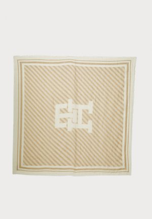 Square beige and cream scarf with diagonal stripes and an interlocking geometric symbol in the center, framed by three thin borders.