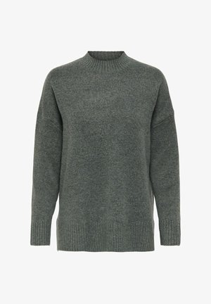 Übergroßer grüner Pullover mit geripptem Rundhals, langen Ärmeln und strukturiertem Strickstoff. Auffälliger gerippter Saum und Bündchen.